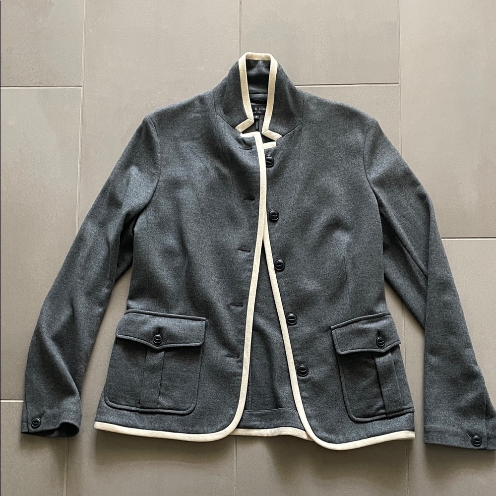 Rag & bone, dark grey 💯 wool blazer with ivory piping